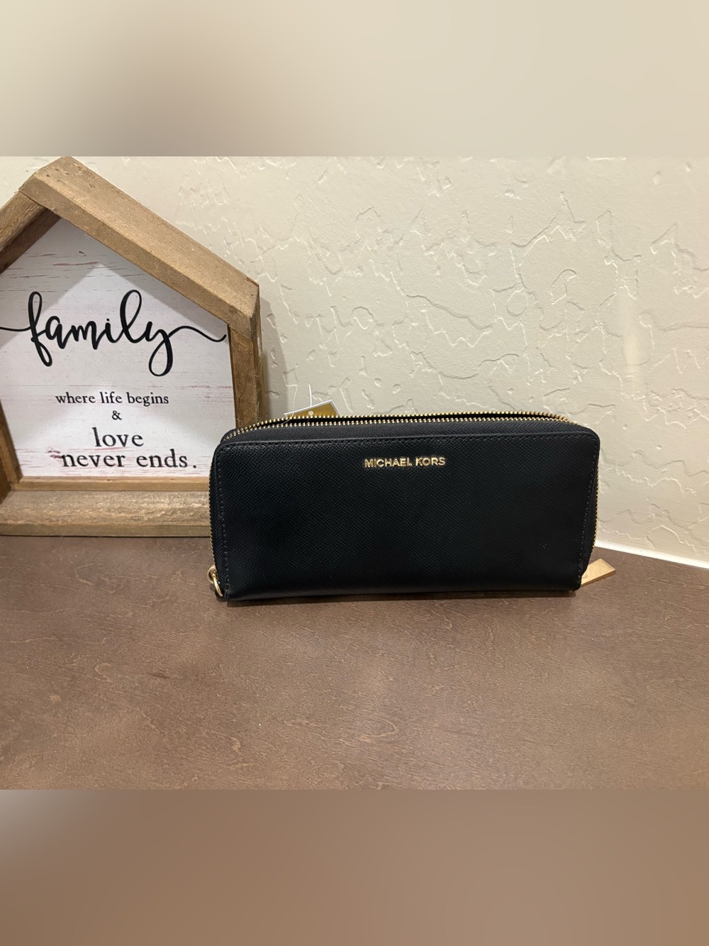 Michael Kors Black Saffiano Zip Wallet with Gold Hardware